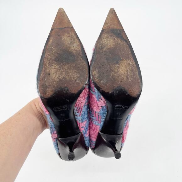 Vintage Miu Miu Pink Blue Woven Brown Leather Bow Detail Pointed Toe Heels IT 38 - Picture 10 of 11